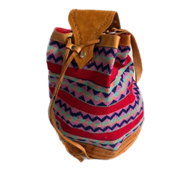 Boho Guatemala Bucket Bag DRAWSTRING Shoulder Tote Leather Woven Pink Red Hippie - Picture 1 of 12
